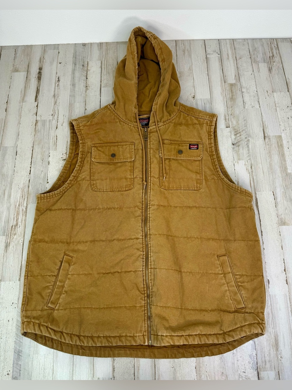 Wrangler Workwear Hooded Vest Mens 3XL 54-56 Brown Full Zip Pockets Canvas